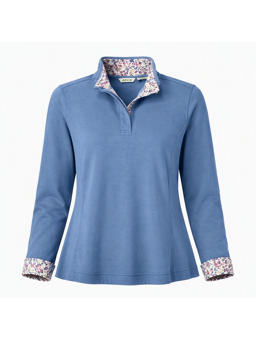 Orvis Women’s Blue Long-Sleeve Cotton Pullover Floral Trim Size XL
